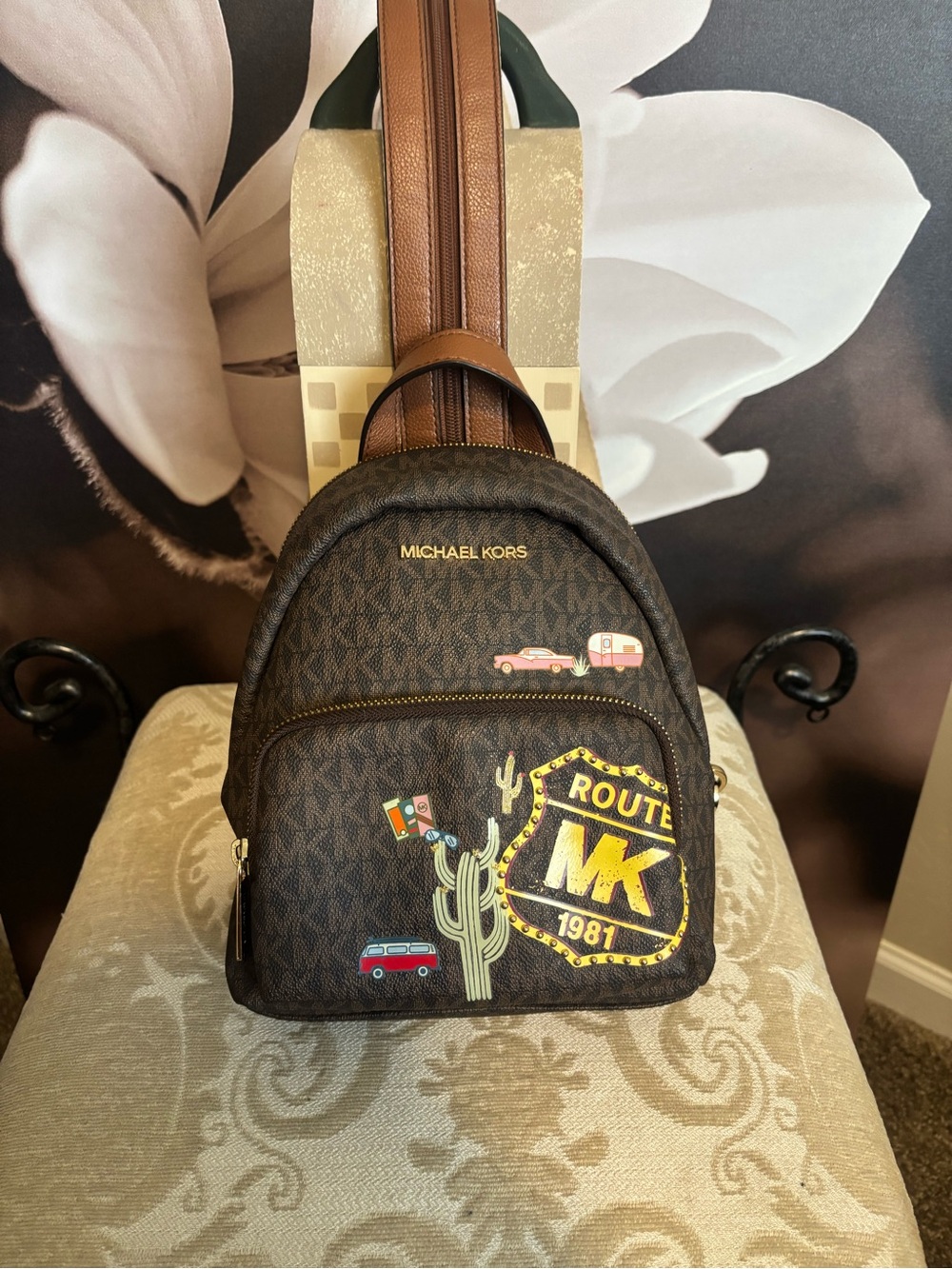 Michael Kors Brown Logo Print 'Route MK 1981' Mini Backpack
